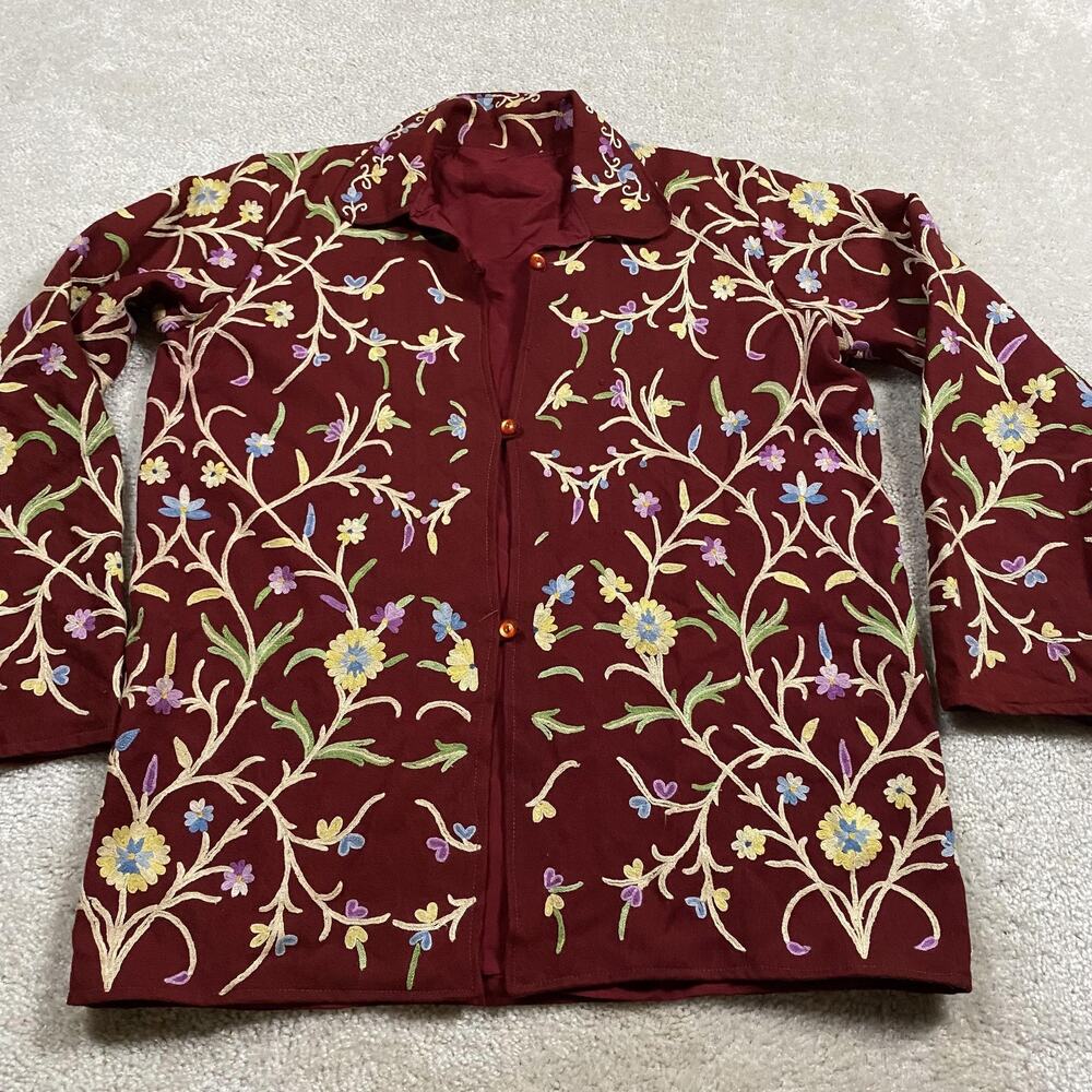 VTG Floral Embroidered Jacket Womens XL Red‎ Boho Lined Twill Bohemian Hand Made